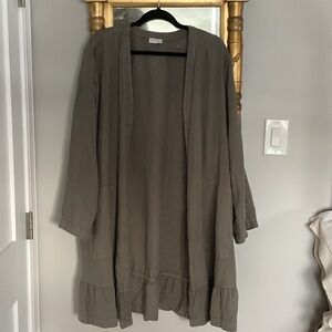 J Jill 100% linen jacket Sage green, ruffled hem open front , 2 patch pockets.